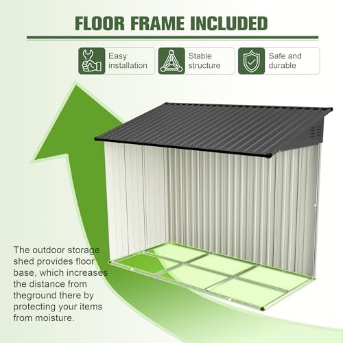 YOPTO 4x8 FT Lean to Outdoor Storage Shed,Metal Shed W/Floor Frame & Reversible Installation,All Weather Waterproof Garden Tool House W/Lockable Door & 2 Air Vents,for Backyard,Patio,Lawn,Black - Image 6
