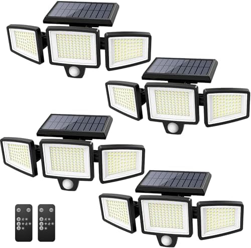 Tuffenough Solar Outdoor Lights 2500LM 210 LED Security Lights with Remote Control,3 Heads Motion Sensor Lights, IP65 Waterproof,270° Wide Angle Flood Wall Lights with 3 Modes(4 Pack) by SolarOutdoorLights