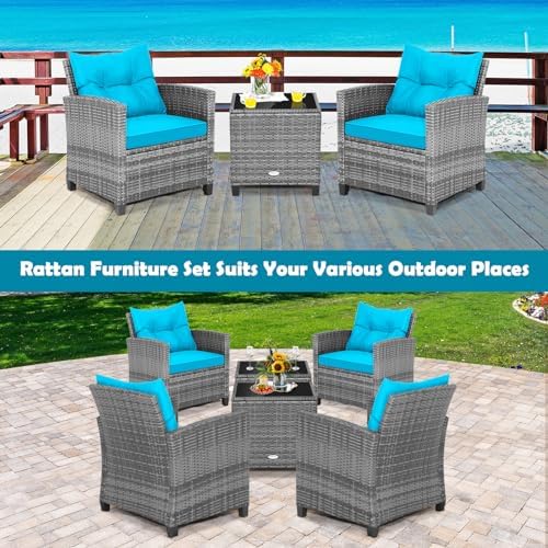 Tangkula 3 Pieces Patio Furniture Set, Outdoor PE Rattan Conversation Chair Set with Tempered Glass Side Table and Removable Cushions, PE Wicker Chairs and Table Set for Porch, Balcony and Garden - Image 5