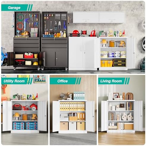 SISESOL White Metal Storage Cabinet with Doors and Shelves,36 inch Small Metal Cabinet with Lock,Short Garage Storage Cabinets,Locking Steel Cupboard for Home,Office,Kitchen,Garages - Image 4