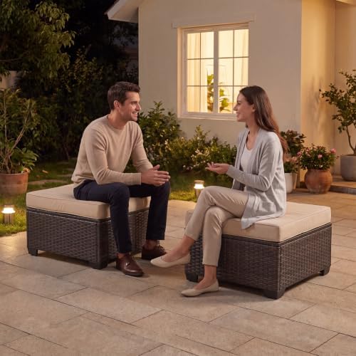 Aoxun 2 Piece Patio Sofa Ottomans with 4" Thick Cushions, Wicker Outdoor Couch Extension Set, All-Weather Rattan Seating Accessory for Backyard Furniture, Beige - Image 6