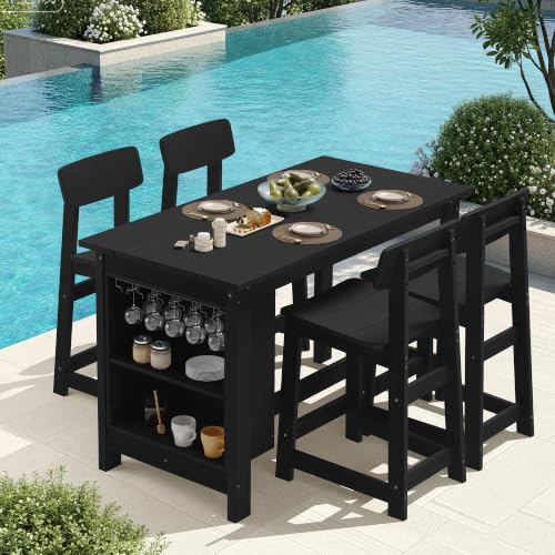 SERWALL 5-Piece Outdoor HDPE Counter-Height Bar Set with 4 Stools, Black by SERWALL