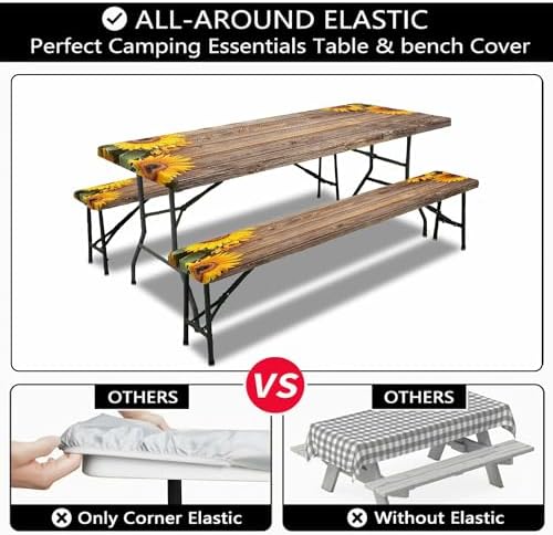 Sunflower Picnic Table Cover with Bench Covers, Waterproof Windproof, Camping Essentials, Fitted Tablecloth Cover with Elastic Edge, for Indoor & Outdoor, Garden, Camping, 3 Pieces Set, 30x72 Inch - Image 6