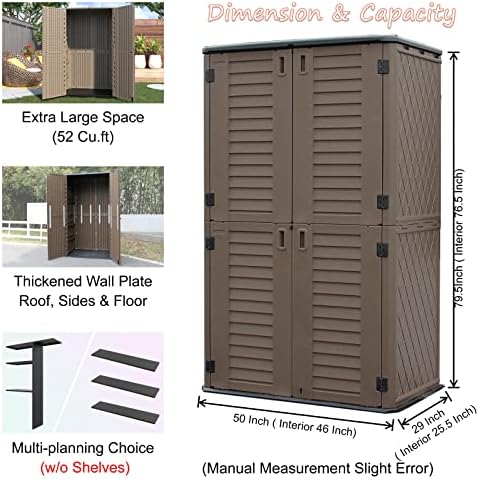 Mrosaa Sheds & Outdoor Storage, 52 Cu.ft Vertical Storage with Floor, Cabinet Waterproof for Garage Pool Bike Shed, Garden , Coffee Brown - Image 4