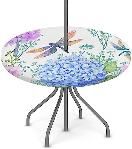 Fitted Round Tablecloth with Umbrella Hole and Zipper Flowers Hydrangeas Outdoor Elastic Table Cloth 36"-44" Oil-Proof Waterproof Dragonflies Patio Table Cover for Picnic Party - Image 2