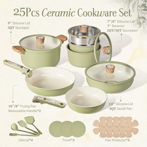 CAROTE 25pcs Ceramic Cookware Sets, Detachable Handle Pots and Pans Set - Image 2