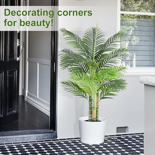 4ft Tall Triple Golden Cane Palm Artificial Tree 48" Large Tropical Palm Tree UV Resistant Fake Tree in Pot for Indoor Outdoor Big House Living Room Outside Patio Office Home Decor 2Pack - Image 3