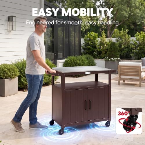 Feasto Outdoor Grill Cart w/Storage Cabinet, Stainless Steel Top, Brown - Image 5