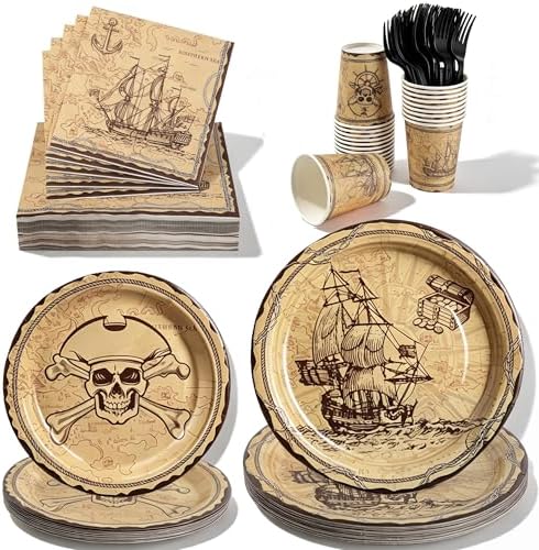 144 Pcs Pirate Tableware Set for 24 Guests, Heavy-Duty 7" & 9" Paper Plates, Cups, 2-Ply 13" Napkins & Plastic Forks, Disposable Treasure Map Theme Party Supplies by COSINIA