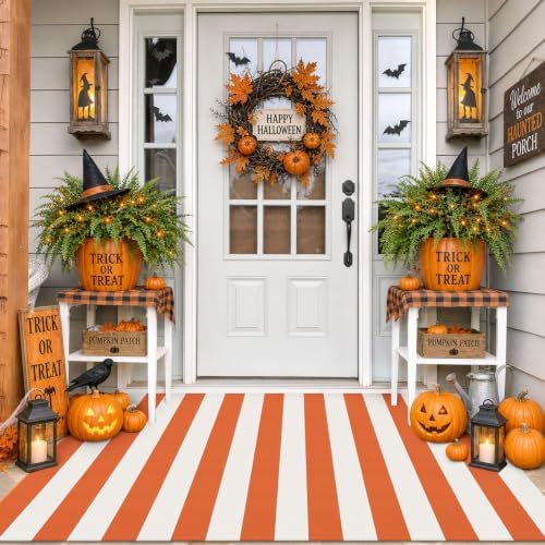 IOHOUZE Fall Striped Outdoor Rug 4x6, Washable Porch, Orange White by iOhouze