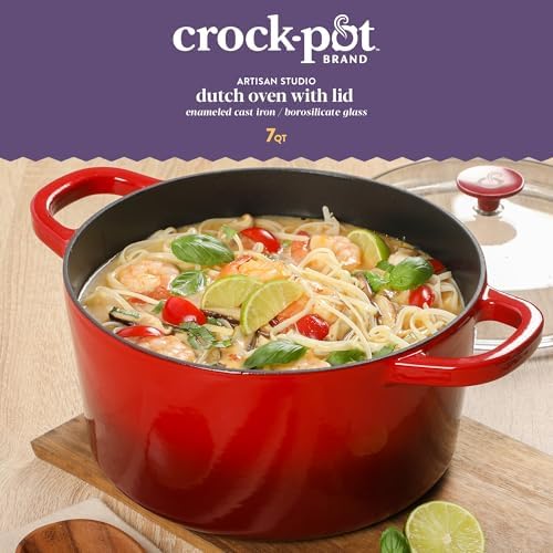 Crock Pot Artisan 7-Quart Round Enameled Cast Iron Dutch Oven With Oven Safe Borosilicate Glass Lid, Heavy-Duty Cookware for Baking, Roasting & Slow Cooking, Red - Image 2