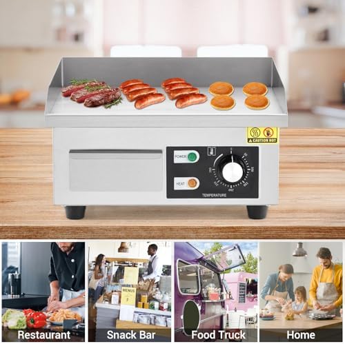 Commercial Electric Griddle 14 Inch – 1500W Stainless Steel, Non-Stick Flat Top Teppanyaki Grill, Adjustable Temp 50°C-300°C (122°F-572°F), Includes 2 Shovels & 2 Brushes, Countertop - Image 7