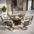 7 Pieces Outdoor Patio Furniture Set with 48" 55000 BTU Round Propane Fire Pit Table,Patio Dining Set Outdoor Conversation Sets 6 Swivel Chairs for Deck,Backyard and Garden,Brown by RTDTD