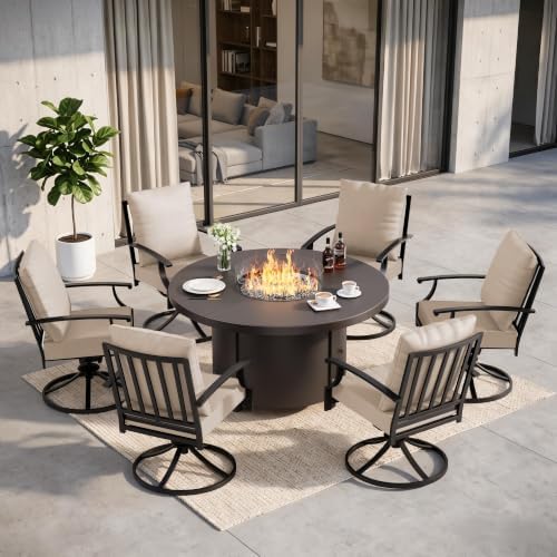 7 Pieces Outdoor Patio Furniture Set with 48" 55000 BTU Round Propane Fire Pit Table,Patio Dining Set Outdoor Conversation Sets 6 Swivel Chairs for Deck,Backyard and Garden,Brown by RTDTD