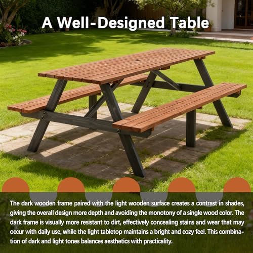 Brown 75" Rectangular Wooden Picnic Table for Outdoors - Image 6