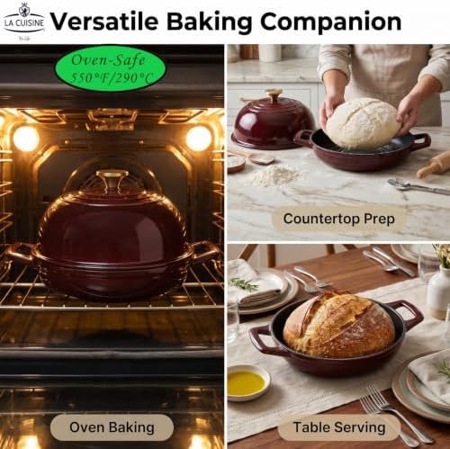 La Cuisine Enameled Cast Iron Round Bread Dutch Oven for Sourdough Crusty Bread & High‑Heat Baking. Oven-Safe 550°F/287°C, Internal Matte Black Enamel Coating, 5 QT, Cranberry - Image 4