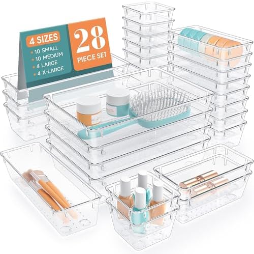StorMiracle 28 PCS Clear Plastic Drawer Organizers Set, 4 Size Desk Drawer Organizer Trays for Makeup, Jewelry, Kitchen Utensils, Gadgets and Office Accessories by StorMiracle