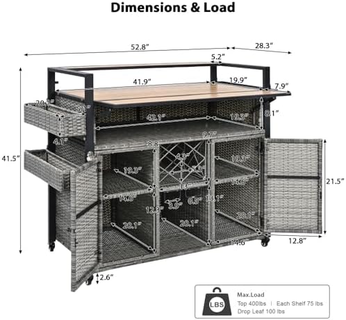 52.8" Wicker Outdoor Grill Cart with Extended Top & Storage - Image 2