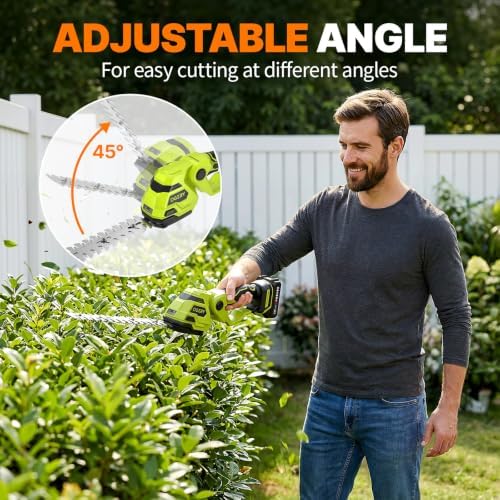 OGERY 21V Cordless Hedge Trimmer & Grass Shears, 2-in-1 Powerful Dual Batteries Electric Bush Trimmer with 8.9” Hedge Blade & 5.1” Grass Trimmer, Adjustable Angle, Lightweight for Garden & Lawn Care - Image 6