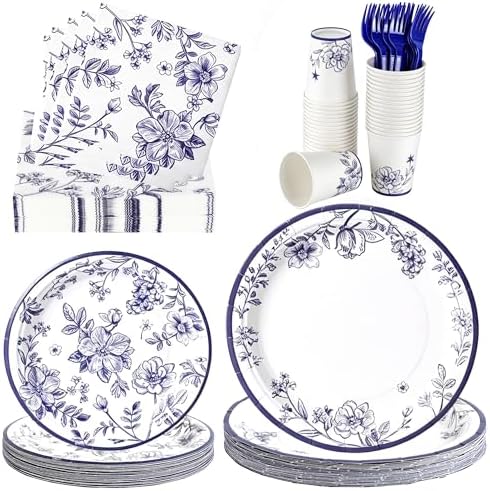 144 Pcs Blue and White Floral Tableware Set for 24 Guests, Heavy-Duty 7" & 9" Paper Plates, Cups, 2-Ply 13" Napkins & Plastic Forks, Disposable Party Supplies for Bridal Baby Shower Tea Party by COSINIA