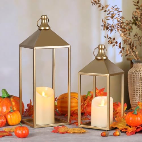 Decorative Candle Lanterns Indoor, 2 Pcs Gold Metal Lanterns with Candles - Image 6
