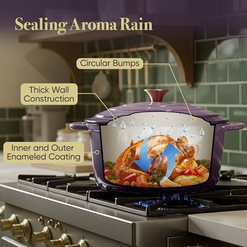 Vintage Style Oval Dutch Oven for Bread Baking, 4.5 Quart Non Stick Enameled Cast Iron Dutch Oven Pot with Lid, Oven Safe Oval Casserole with Lid up to 500°F for Baking, Braising, Stews, Roasting, Purple - Image 6
