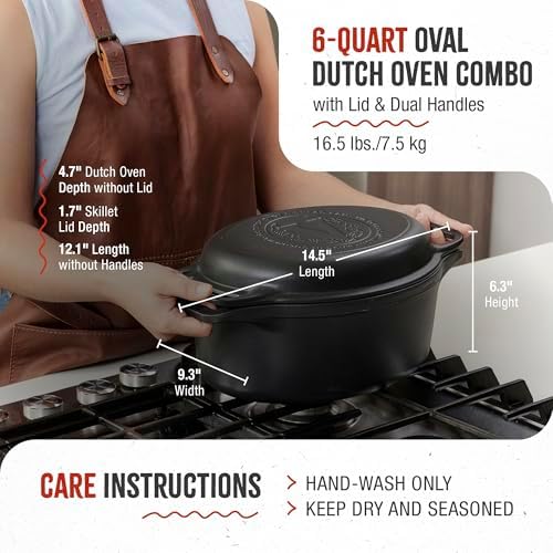 Victoria 6-Quart Cast Iron Oval Dutch Oven, Combination Combo Cooker Pot and Skillet, Bread Baker, Made in Colombia, 2-Piece Set - Image 6