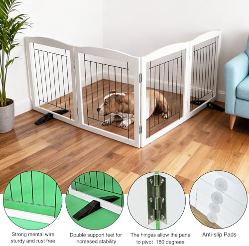 ZJSF Freestanding Dog Fence Indoor, Foldable Dog Gate for Doorways, Stairs or Hallways, Sturdy Wood Extra Wide Pet Gate with Support Feet for The House, White, 24 "Height-4 Panels - Image 5