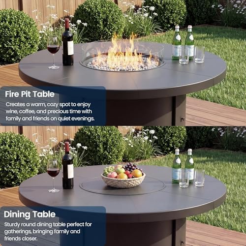 7 Pieces Outdoor Patio Furniture Set with 48" 55000 BTU Round Propane Fire Pit Table,Patio Dining Set Outdoor Conversation Sets 6 Swivel Chairs for Deck,Backyard and Garden,Dark Blue - Image 7