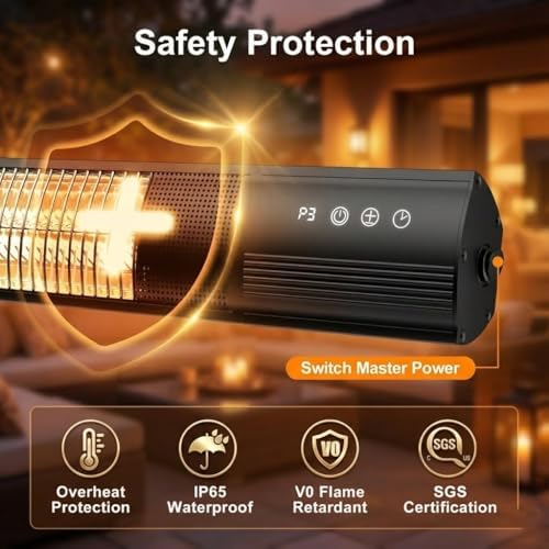 Electric Patio Heater, 1500W Outdoor Infrared Heater with Remote Control, 3 Heat Settings, IP65 Waterproof, 24H Timer, 2-Second Fast Heating for Patio, Garage, Restaurant & Indoor Use - Image 5