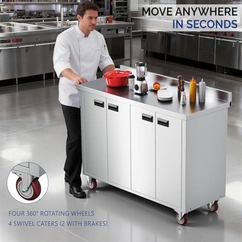 ROVSUN Stainless Steel Table with Cabinet & Wheels 47" x 19"，Commercial Pre Table with Backsplash, Heavy Duty Work Table with 4 Doors, Large Space Storage for Kitchen Restaurant Hotel Garage - Image 7