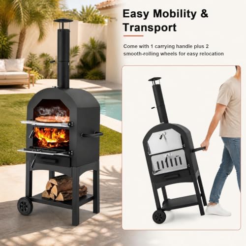 Happygrill Outdoor Pizza Oven Wood Fired with Wheels & Built-in Thermometer - Image 3