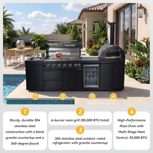 109'' LPG Outdoor Kitchen Island with Grill, Pizza Oven, 6 Burners, Black - Image 5