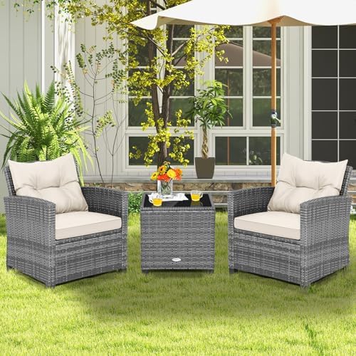 Tangkula 3 Pieces Patio Furniture Set, PE Rattan Wicker 3 Pcs Outdoor Sofa Set w/Washable Cushion and Tempered Glass Tabletop, Conversation Furniture for Garden Poolside Balcony (Mix Grey-White) - Image 2