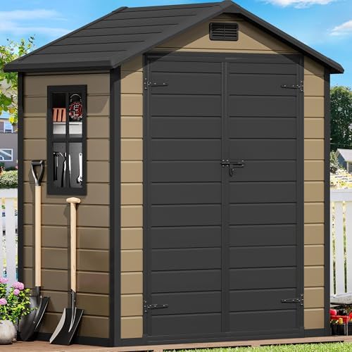 DWVO 6.2x3.4 FT Outdoor Resin Storage Shed with Floor, All-Weather Bike Storage Shed with Lockable Door, Window and Vent, Waterproof Plastic Tool Storage for Garden, Backyard, Patio, Lawn, Brown - Image 2
