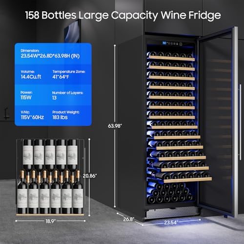 24 Inch Wine Cooler, 158 Bottles Wine fridge with Glass Door Built-in or Freestanding, Wine Cellar Compressor Quick Cooling&Low Noise-Kitchen Bar Office - Image 3