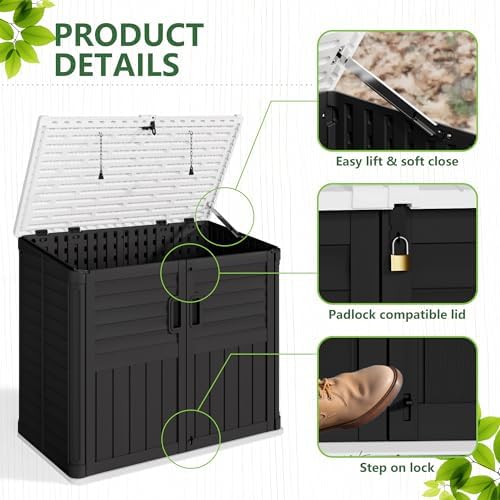 Greesum Outdoor Trash Can Storage Shed, 34 Cu.ft Horizontal Outdoor Storage Cabinet, Waterproof for Garden, Pool Storage, Garbage Cans, Black - Image 4