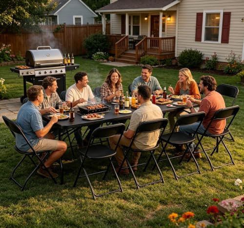11-Piece 8 FT Black Plastic Folding Table Chairs Set for 10 People - Image 2