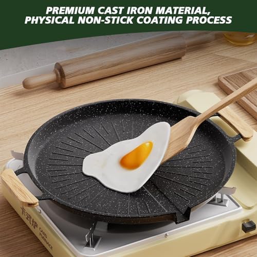 Double Ear Non Stick Baking Tray, 12.6-Inch Portable Outdoor Barbecue Plate, Breakfast Frying Pan with Automatic Oil Filter, Circular Large Cooking Surface, Versatile for Stoves, PFOA Free (Black) - Image 2