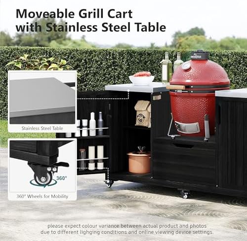 66.5" Outdoor Kitchen Island for Big Green Egg Grill, Solid Wood Outdoor Grill Cart for Tabletop Grill with Stainless Steel Top, Drawer, Compatible with Large Big Green Egg, Kamado Joe-Black - Image 5