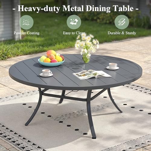 Outdoor Dining Table for 8, 60" Round Outdoor Table with Adjustable Umbrella Hole, All-Weather Metal Patio Dining Table for Lawn Garden Backyard Deck, Dark Grey - Image 7