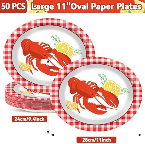 50 PCS Crawfish boil Oval Paper Plates Large 11” Disposable Crawfish Tray Party Decorations Barbecue Supplies Favor for Crawfish Platter BBQ Gathering Picnic Cookout Carnival Party Tableware Set - Image 2