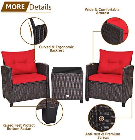 RELAX4LIFE 3 Piece Patio Furniture Set, Wicker Bistro Conversation Set w/ 2 Cushioned Armchairs & Glass Topped Table, Outdoor Rattan Sofa Set Patio Furniture for Porch Balcony Poolside (Red) - Image 5