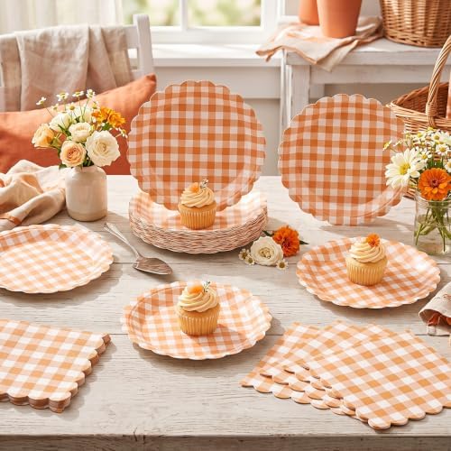 Roshtia 120 Pcs Orange Gingham Plates and Napkins Set for Fall Baby Shower - Image 7