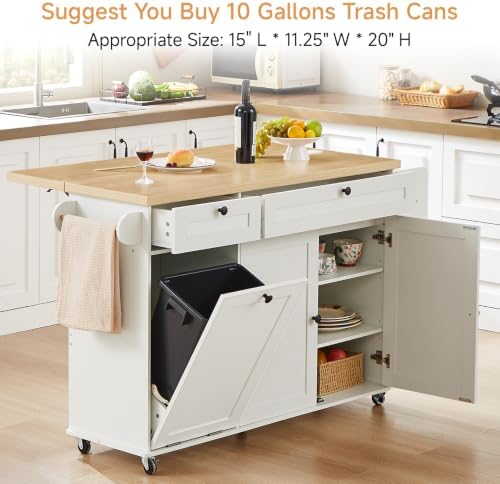 ONBRILL 60" Kitchen Island with Trash Can Storage, Rolling Island Table - Image 6
