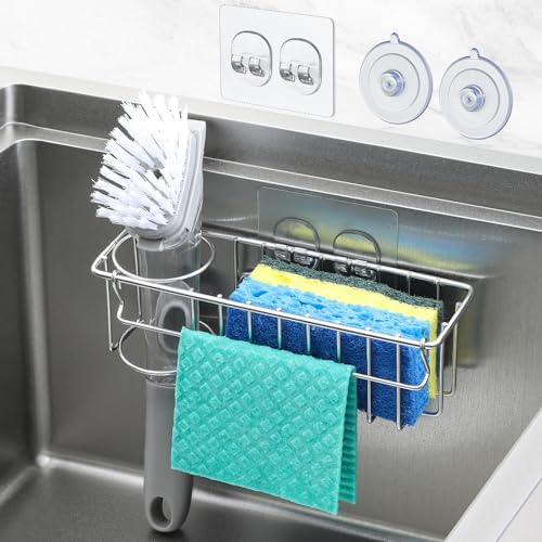 3-In-1 Sponge Holder for Kitchen Sink with Suction Cups & Adhesive Hook , In-sink Sponge Holder, Wall Hanging Sink Caddy Organizer Rack - Sponge, Dish Cloth, Brush, Scrubber - 304 Stainless Steel by MakeLifeBetterEasier