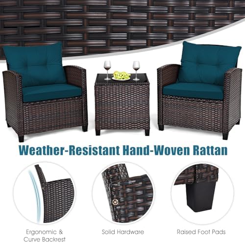Tangkula 3 Pieces Patio Furniture Set, PE Rattan Wicker 3 Pcs Outdoor Sofa Set w/Washable Cushion and Tempered Glass Tabletop, Conversation Furniture for Garden Poolside Balcony (Prussian Blue) - Image 4