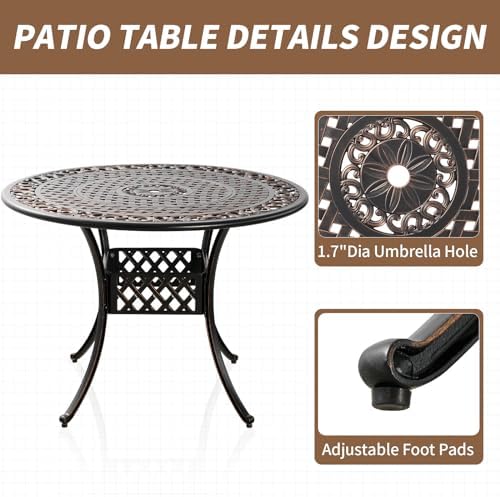 41" Round Patio Dining Table with Umbrella Hole, Outdoor Cast Aluminum Bistro Conversation Outdoor Table for Backyard Porch Pool Balcony Deck - Image 5