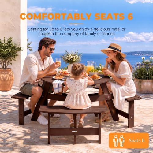 6 Person Wooden Picnic Table, Outdoor Round Picnic Table with 4 Built-in Benches, Umbrella Hole, Outside Table and Bench Set for Patio, Backyard, 500lbs Capacity Per Bench (Brown - 6 Person) - Image 5