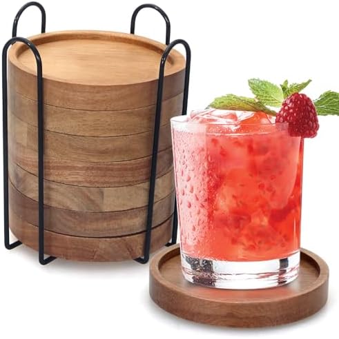 Acacia Wood Coasters Set of 8 Bar Accessories Table Decor Wooden Coaster by Renawe